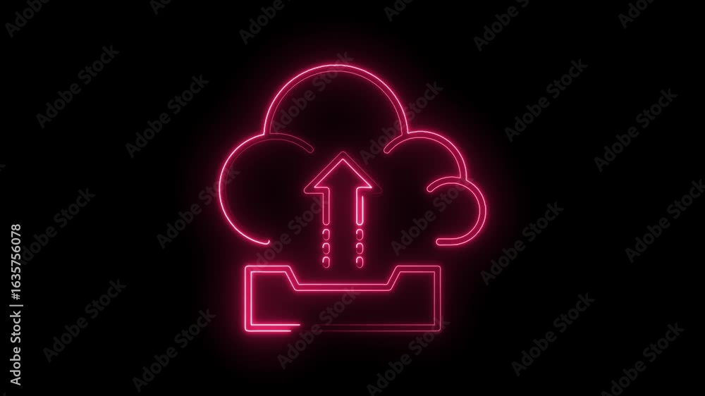 Aufkleber glowing neon pink cloud upload icon with upward arrow and folder symbol on transparent black backgro
