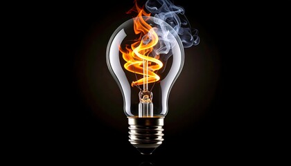 Burning light bulb, fire and smoke