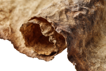 Close-up of a rolled, aged parchment.  Its surface shows signs of time, with brown discoloration and crinkled texture.  The roll curves inward, revealing its inner layers