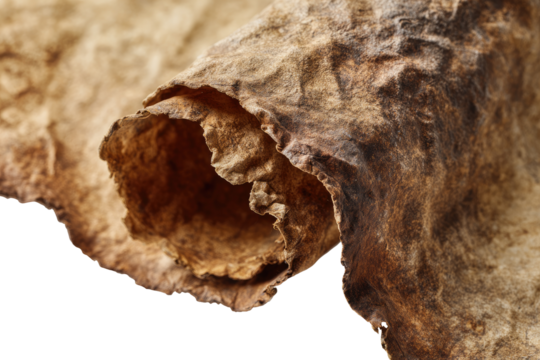Close-up of a rolled, aged parchment.  Its surface shows signs of time, with brown discoloration and crinkled texture.  The roll curves inward, revealing its inner layers