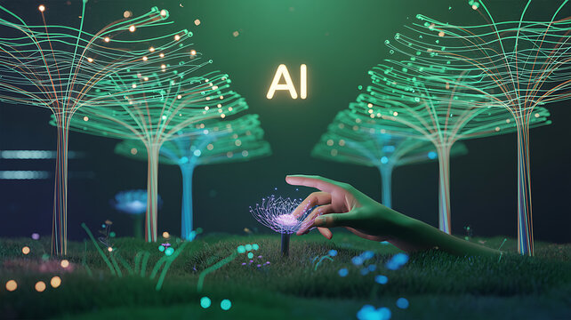 Human hand interacting with glowing digital network and ai symbol in a futuristic green abstract environment