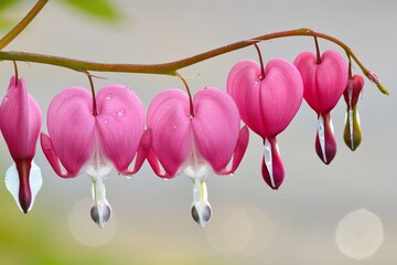 Fototapeta premium Vibrant bleeding heart flowers with dew drops blossom in a lush, spring garden