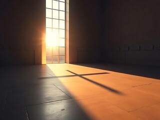 A sunlit room casts a cross-shaped shadow, evoking a sense of spirituality.