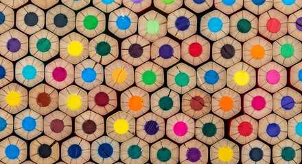 Vibrant array of colored pencil tips in a hexagonal pattern