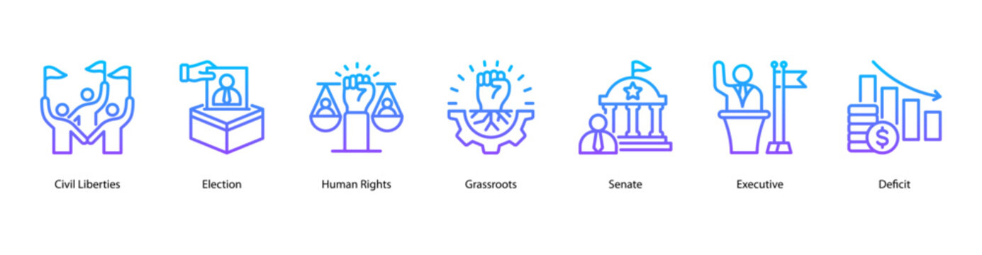 Civil Participation web banner icon vector illustration for civil liberties, election process, human rights, grassroots movements, and legislative systems like senate and executive branches.