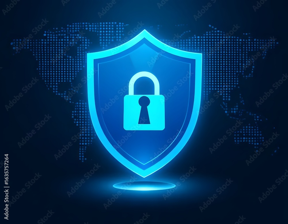 Poster a blue shield with a padlock in front of a world map on a dark blue background with a glowing base