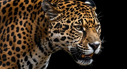 Obraz premium Photography spotlight: Close-up of a jaguar in the wild, showing its fierce expression and detailed fur pattern.