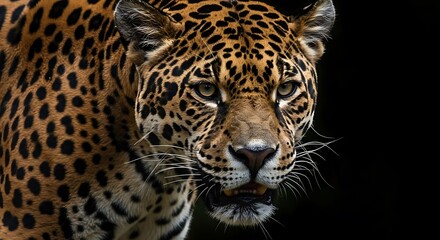 Obraz premium Experience nature through close-up of a jaguar in the wild, showing its fierce expression and detailed fur pattern.