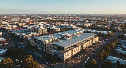 Obraz premium ADELAIDE, AU - Sep 29, 2024: Aerial Adelaide Festival Centre building Wtih City view in the background, South Australia - captured in perfect lighting