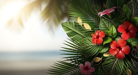 Tropical serenity with hibiscus blooms and lush foliage near a serene coastal background