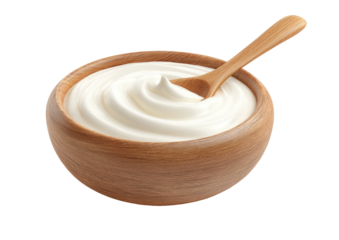 Creamy yogurt in wooden bowl, a spoon