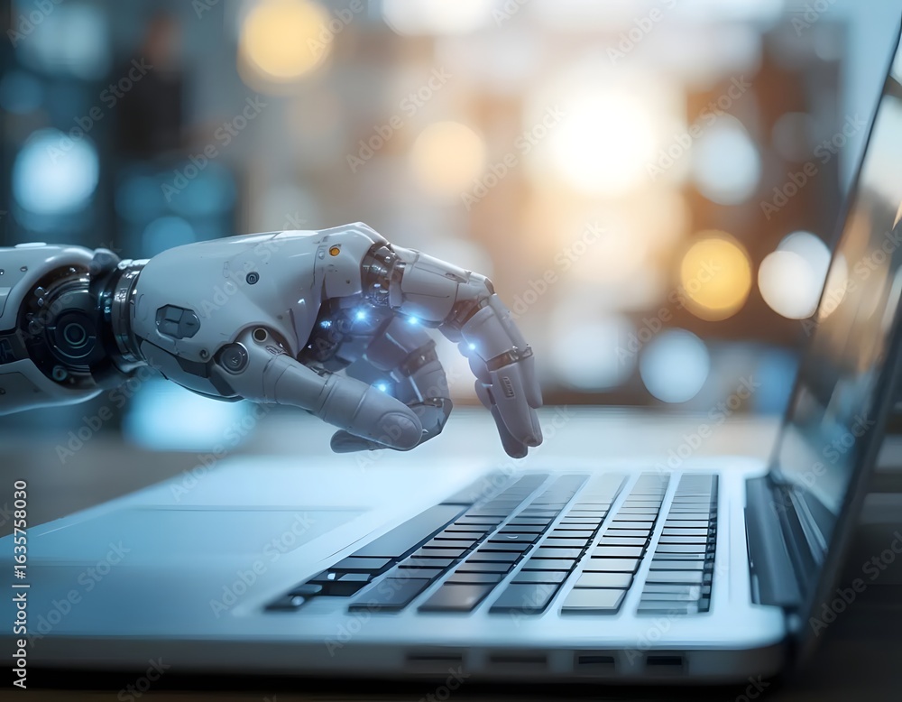 Aufkleber a robotic hand typing on a laptop keyboard with a blurred background and soft blue lighting effect