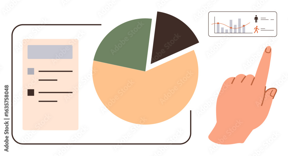 Aufkleber pie chart with three segments, analytics panel, and hand pointing at graph. ideal for communication,