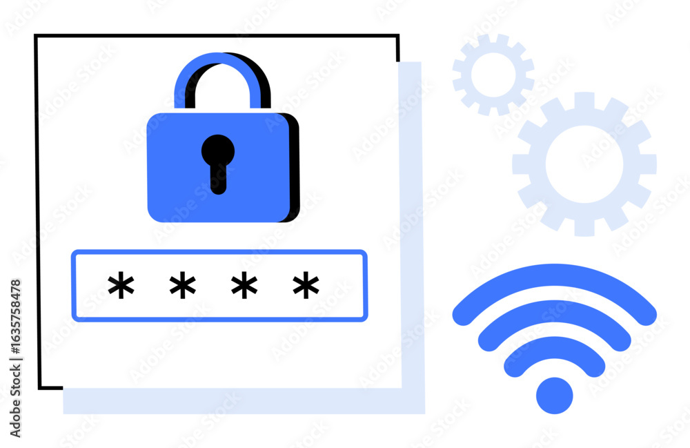 Poster padlock securing a password field, surrounded by wireless signal and gear icons. ideal for cyber saf