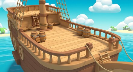 Fototapeta premium Cartoon Pirate Ship Deck with Barrels and Islands