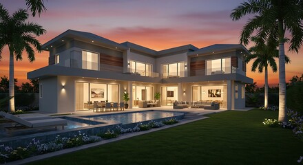 Stunning view: modern luxury home with a spacious backyard, swimming pool, and outdoor seating area at sunset.