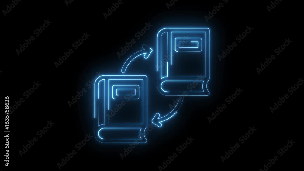Poster glowing blue neon book exchange symbol with circular arrows animation on black background representi