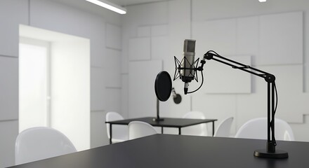 Professional podcast studio setup with microphone and pop filter