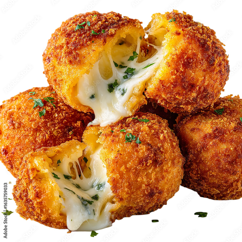 Poster a stack of fried mozzarella balls with one cut open showing cheese pull isolated on transparent back