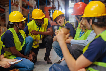 Team of warehouse workers on a coffee break