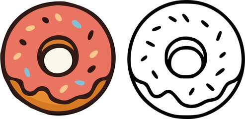 Colorful and outlined donuts, one with sprinkles, perfect for dessert or treats.