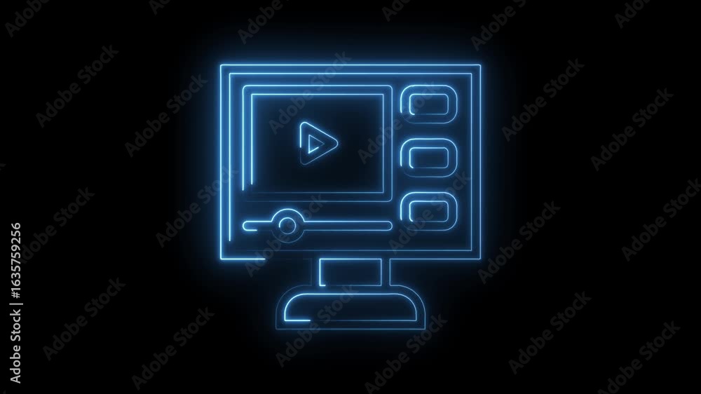 Aufkleber glowing blue neon play button icon on a digital screen interface with progress bar and playlist elem