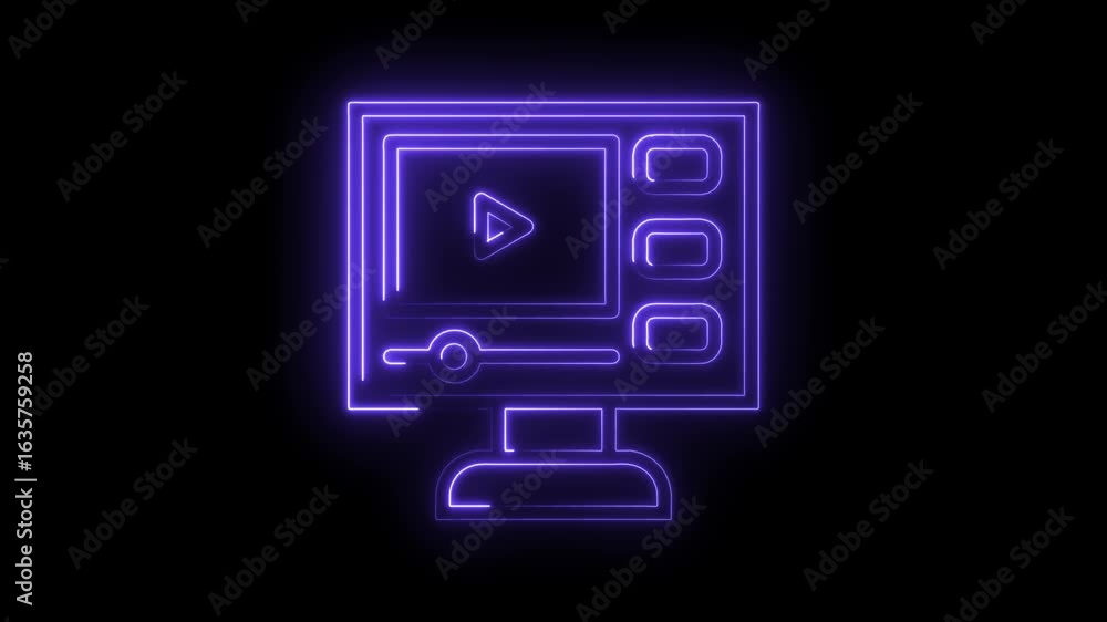 Poster glowing purple neon play button icon on a monitor screen with progress bar and controls isolated on 