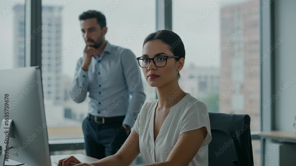 Poster woman working on a computer while a man looks on in an office, focused on business tasks and analysi
