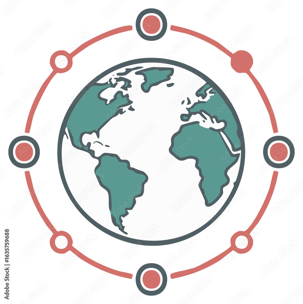 Poster illustration of a global network with connected nodes orbiting the earth for technology and communic