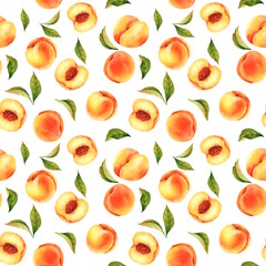 Hand-drawn seamless pattern of scattered ripe peaches and fresh green leaves on a white background