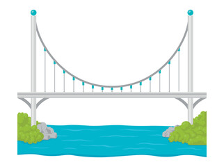 Illustration of suspension bridge over river surrounded by greenery and rocky edges, showing modern architecture and natural beauty.
