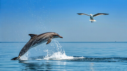 Naklejka premium Dolphin leaping gracefully from ocean water with seagull flying overhead against clear blue sky in marine wildlife scene