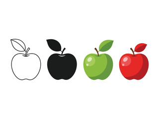 Apples in Various Styles: A versatile graphic showcasing apples in four distinct styles: outline, solid black, vibrant green, and luscious red, offering a range of visual options. 