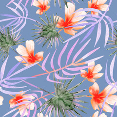 Floral tropical plants and flowers seamless watercolor pattern on purple background