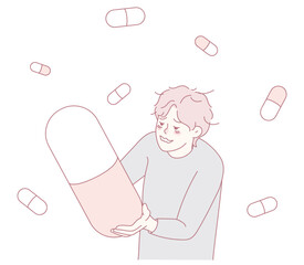 An imaginative and colorful illustration shows a person happily holding a large capsule among smaller capsules