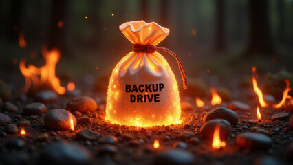 Orange bag labeled backup drive surrounded by flames arranged as symbolic still life representing data loss hazard and miniature disaster scene