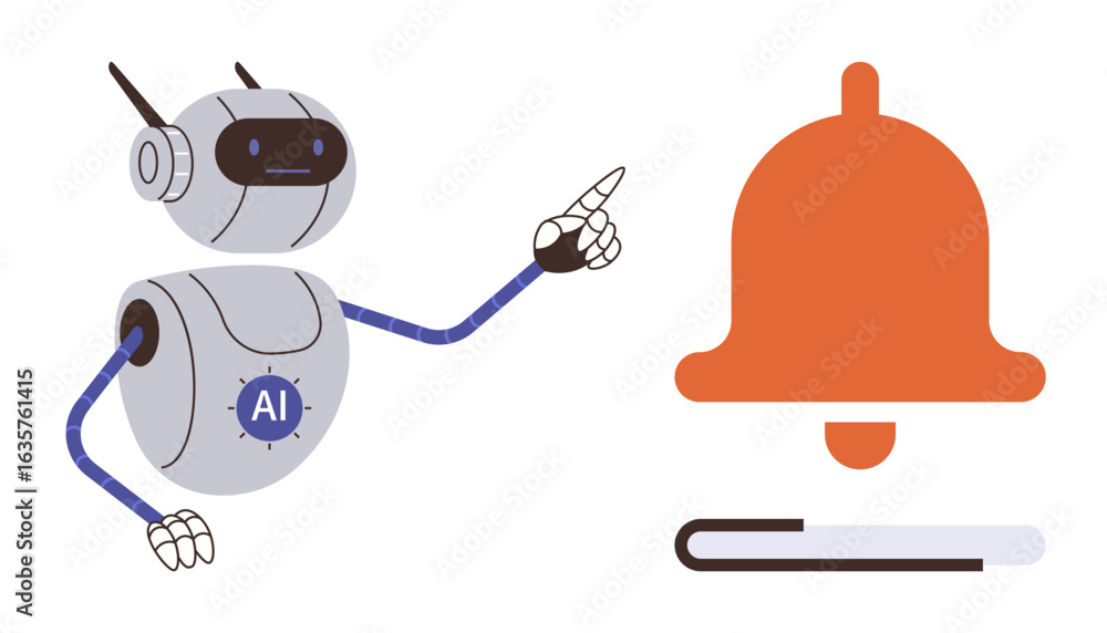 Aufkleber robot with ai label points to orange bell icon symbolizing notifications, reminders, and automation.