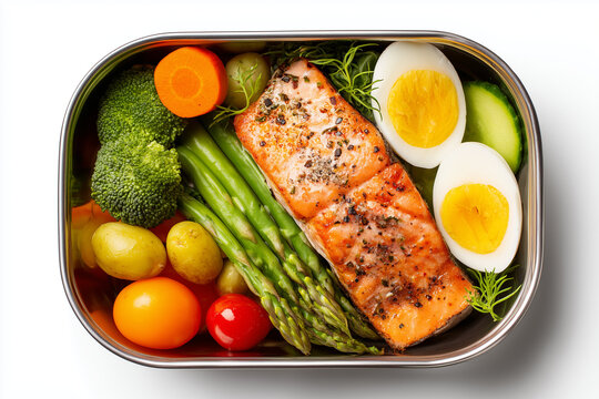 Selective focus mixed various of food in lunchbox isolated on white background, Meal preparation in plastic container box for lunch, Complete nutrition lunchbox.