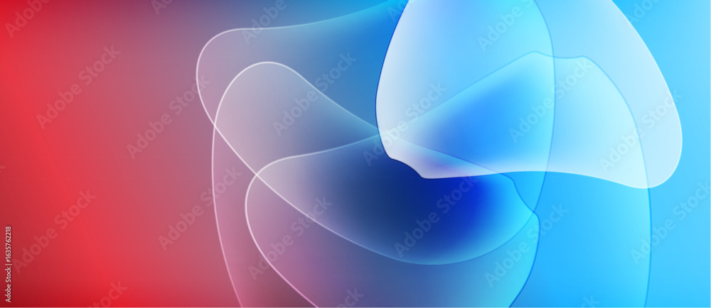 Poster abstract fluid shapes blend red, blue hues. soft gradients create dynamic visual texture. light, sha