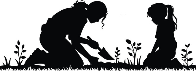 Mother and daughter gardening together, planting new seedlings in the earth, a beautiful silhouette illustration of family bonding and nature connection, vector.