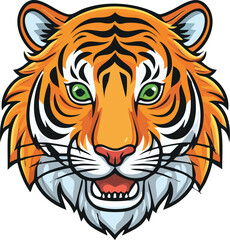 A vibrant cartoon illustration of a tiger's head, showcasing its orange and black stripes, green eyes, and open mouth.