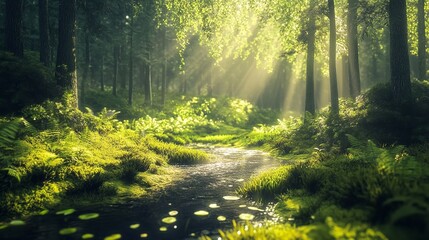 Sunlight streams through a serene forest illuminating a small winding creek with lush green banks in a dreamy soft focus