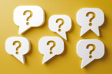 White question marks in speech bubbles yellow inquiry