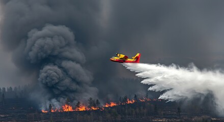 An aerial firefighting plane in action over a forest fire, with smoke billowing in the background. - captured in perfect lighting
