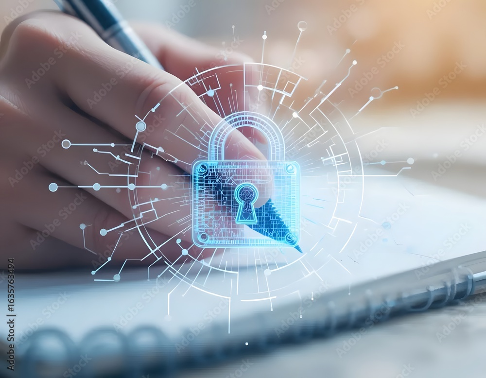 Poster hand writing on notebook with digital padlock overlay representing data security and privacy concept