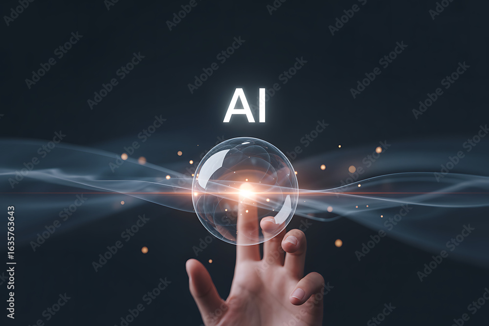 Poster human finger touching a glowing orb with ai text above representing artificial intelligence and futu