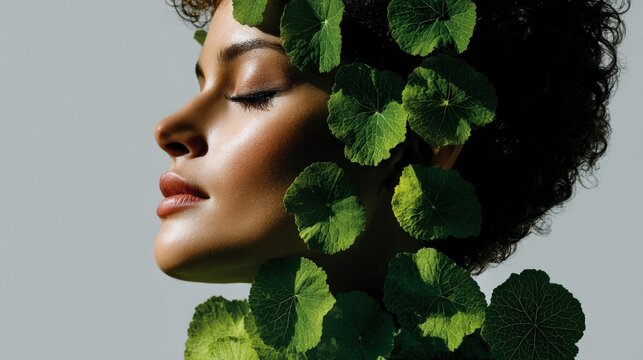 Profile of a woman highlighting centella asiatica for skin health against a white backdrop