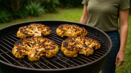 Grilled cauliflower steaks on a barbecue in a backyard