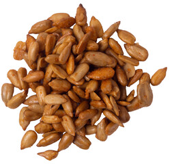 A handful of peeled sunflower seeds in teriyaki sauce on a white background, top view