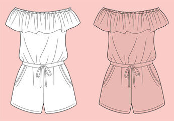 Off the shoulder romper technical sketch, front view with fashion flat detail, shirred neckline and drawstring waist, a clothing design vector template.